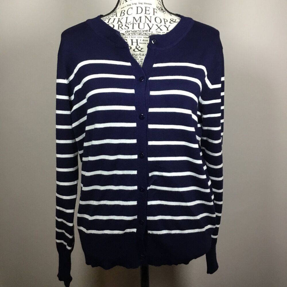 Navy and white striped button down cardigan coastal grandma classic nautical M
